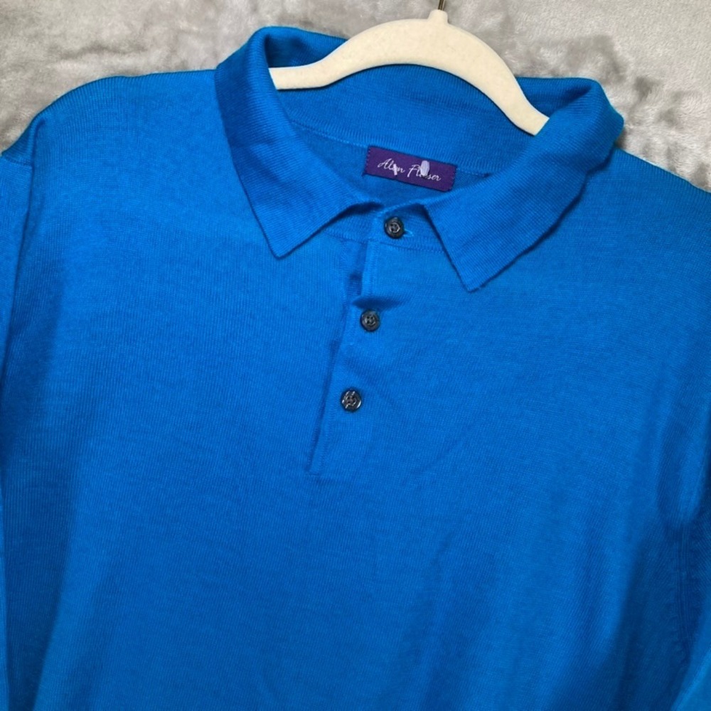 Alan Flusser Mens Blue Merino Wool Blend Long Sleeve Polo Sweater Large 3751SM
